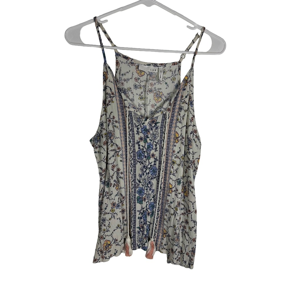 LUQ Floral Boho Tassel Cami Tank Top‎ XXL Cream Blue Rayon J51185VEZSP